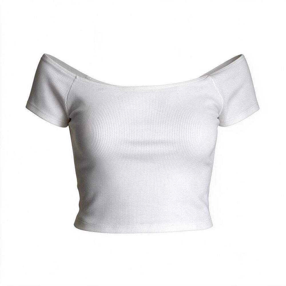 Madden Girl Crop Top White Ribbed Medium Juniors Off Shoulder Cap Sleeve Top